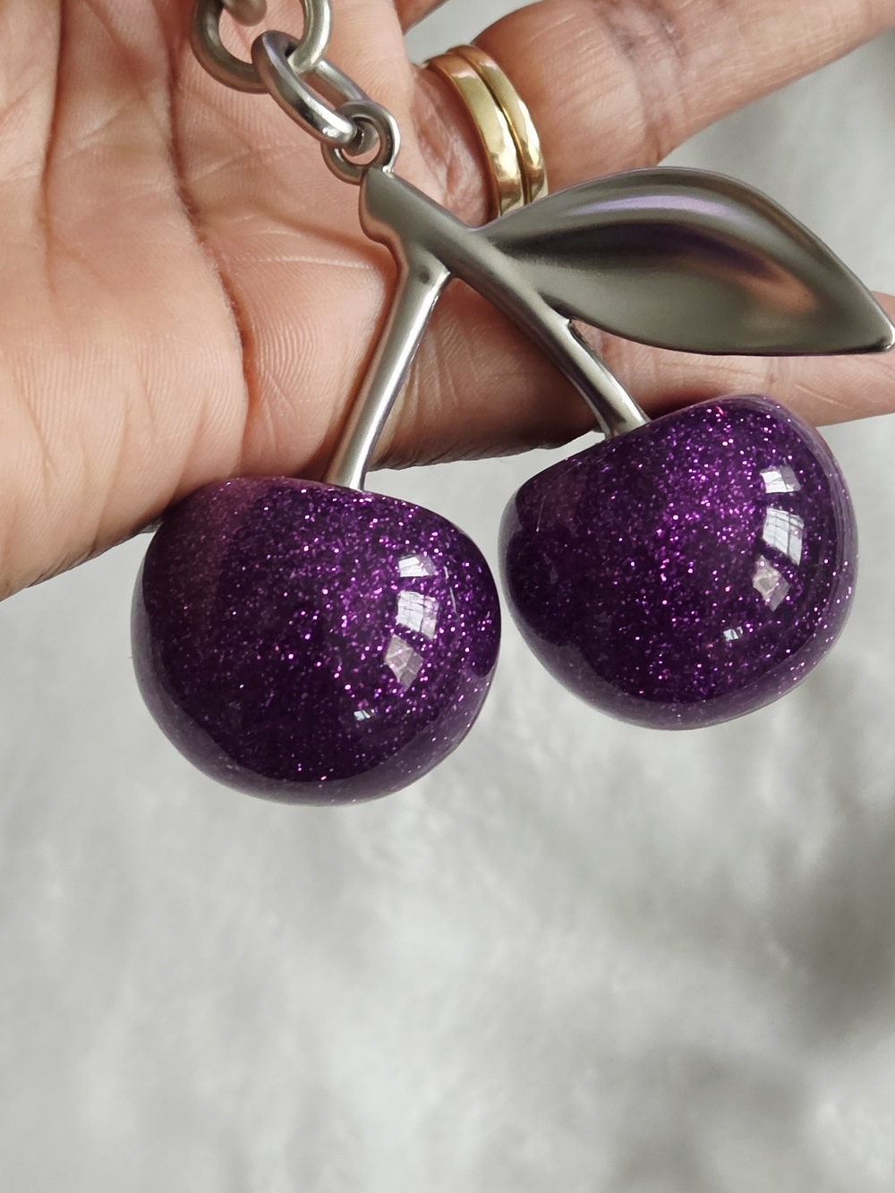 Purple Glitter Cherry Keychain Pendant - Women Accessories Bag Charm - Picture 3 of 4